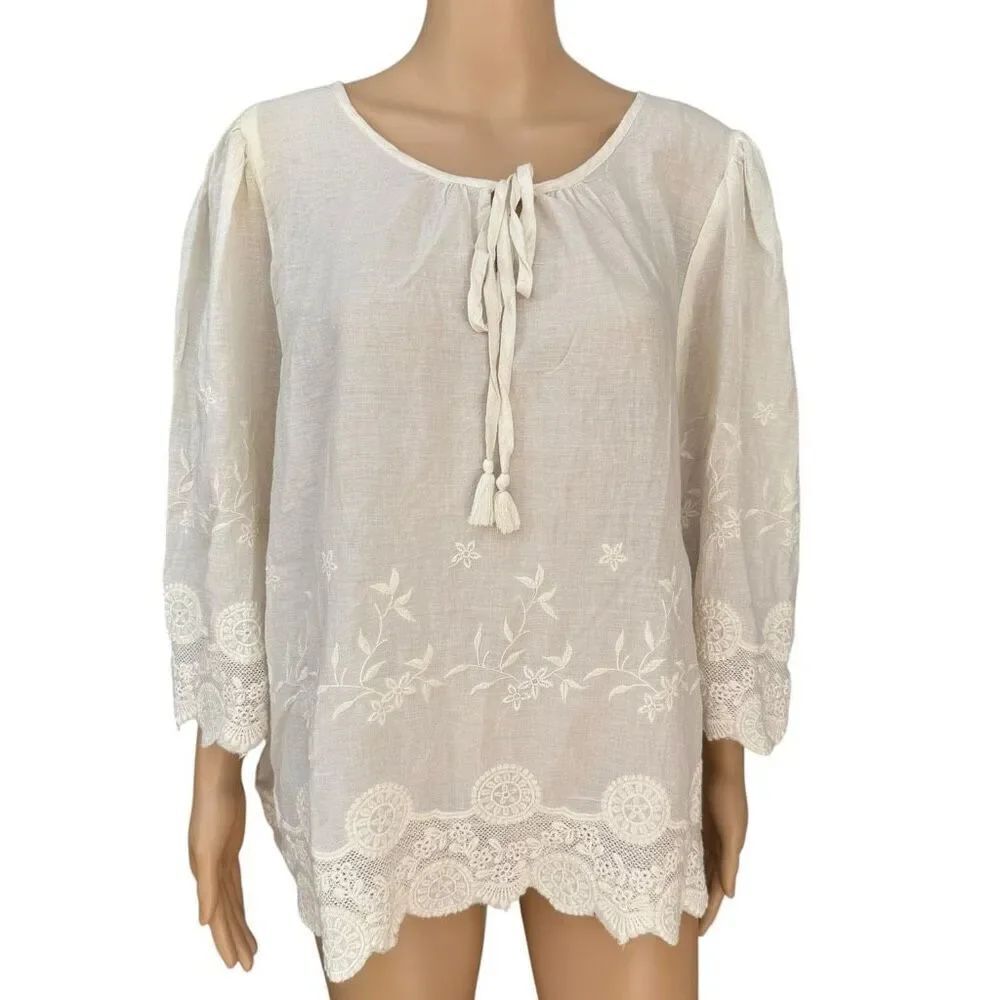 Raga 100% cotton embroidered Peasant Shirt Womens Ivory Pullover Boho Blouse S